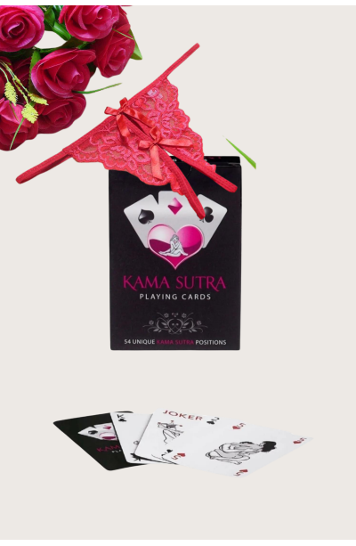 Sexi Görselli Oyun Kartı Kama Sutra Siyah Kırmızı ortası açık dantel tanga külot İkili Set model BK1112