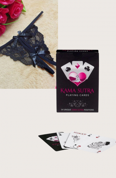 Sexi Görselli Oyun Kartı Kama Sutra ortası açık siyah külot  Külot Tanga Zincirli  İkili Set model BK1114