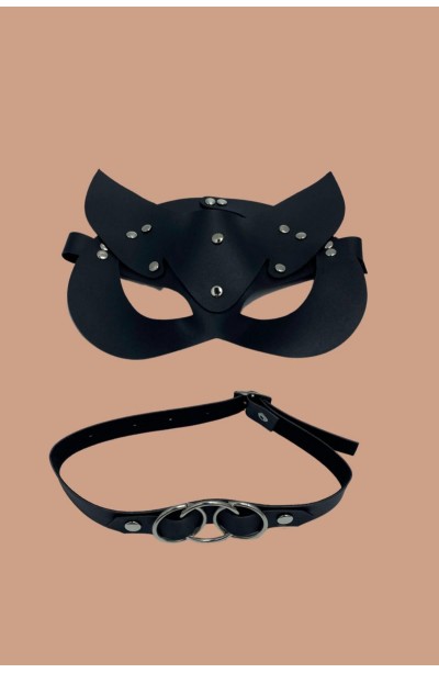 Siyah Harness Sexi Maske Ve Siyah Boyun Deri Aksesuarı 800250