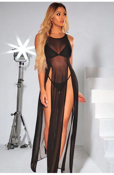Siyah Yanlardan Yırtmaçlı Uzun Fantezi Sexi Fantezi Gecelik Model 68000S