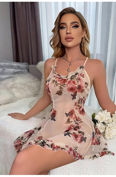 Tül Üstüne Çiçek Baskılı Fantezi Fantezi Gecelik Takım 95073