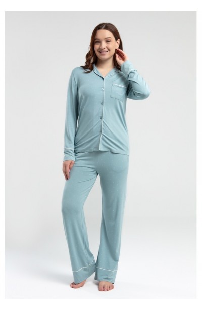 Uzun Kol Önden Düğmeli Kadın Pijama Takımı 8986