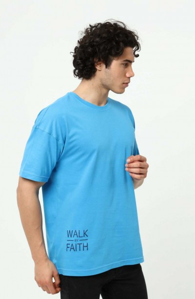 Walk By Faith Baskılı Mavi Erkek Oversize T-Shirt