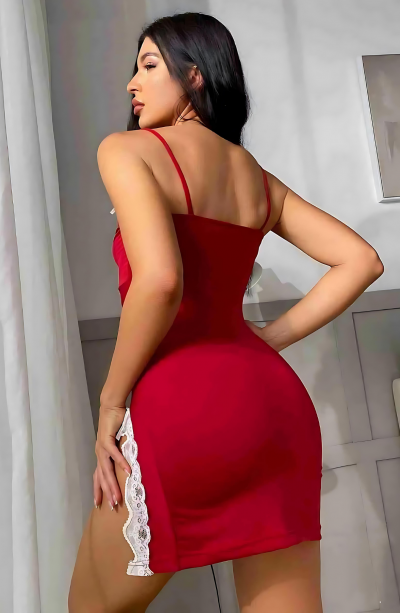 Yakası Dantelli Yırtmaçlı sexi Fantezi Fantezi Gecelik Kırmızı takım 95030K