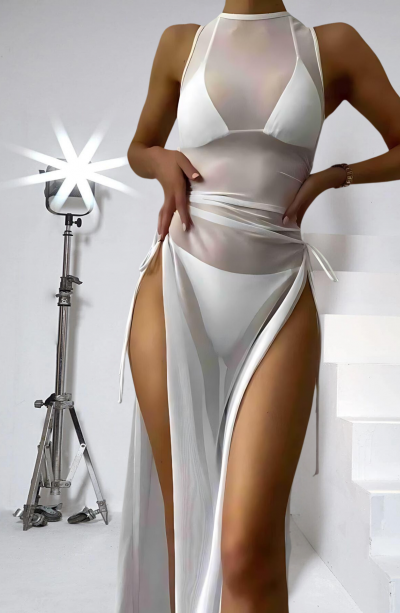 Yanlardan ayarlı Beyaz Uzun Fantezi Gecelik sexi Model 68007B