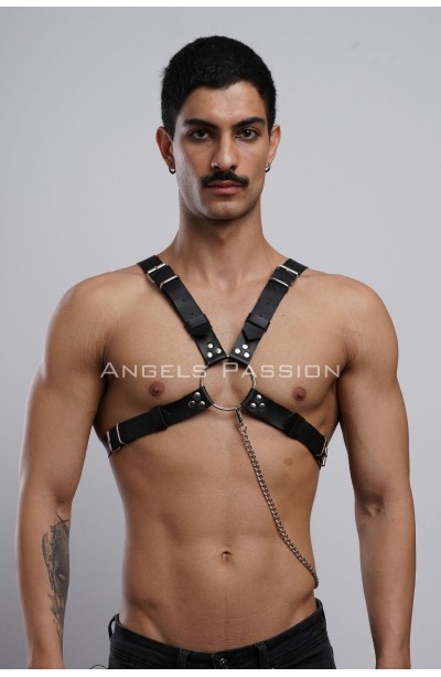 Zincir Detaylı Deri Erkek Göğüs Harness, Partywear, Clubwear - APFTM95