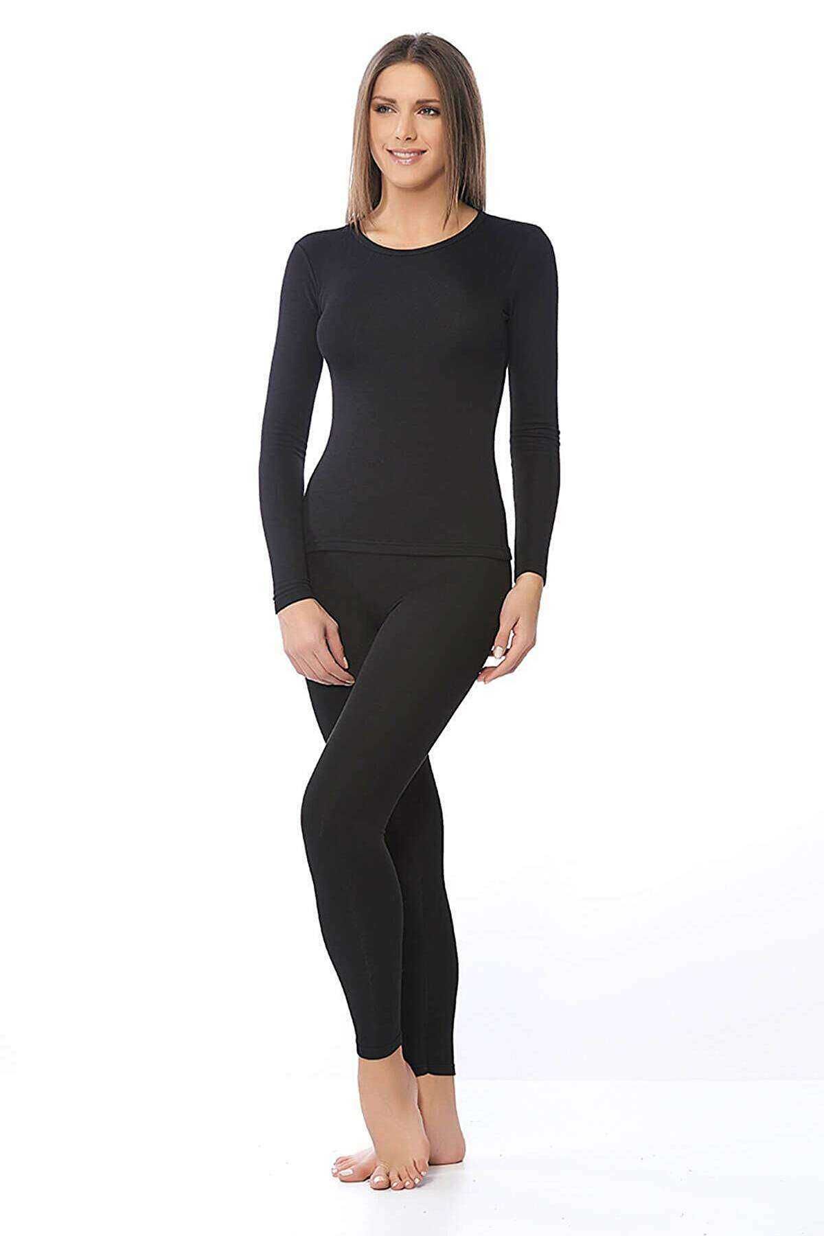 Kadın Kışlık Termal Sıcak Tutan Tayt Fanila Takım Set Siyah - XL